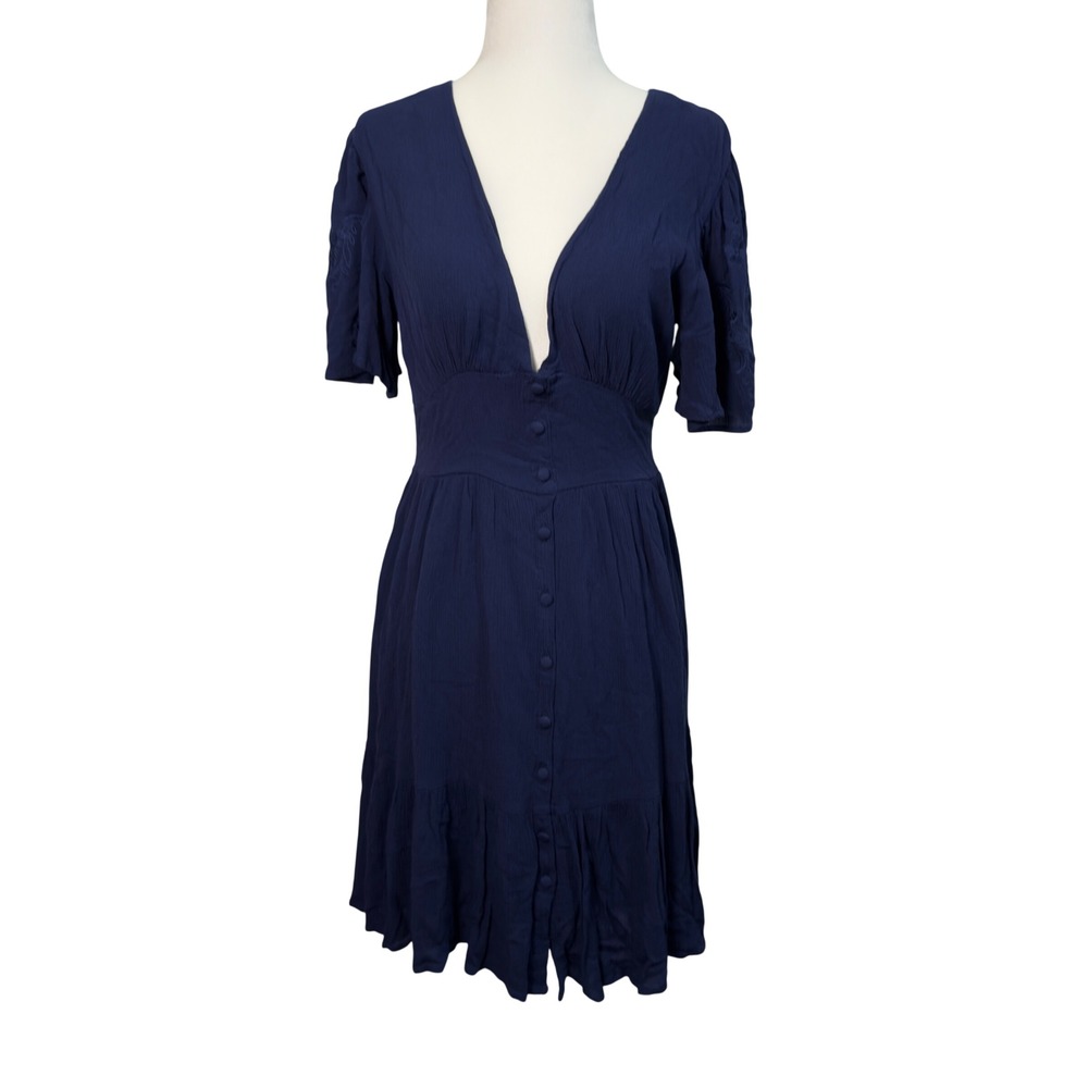 Blue Rain Navy Blue V-Neck Button Front Embroidered Boho Mini Dress Small